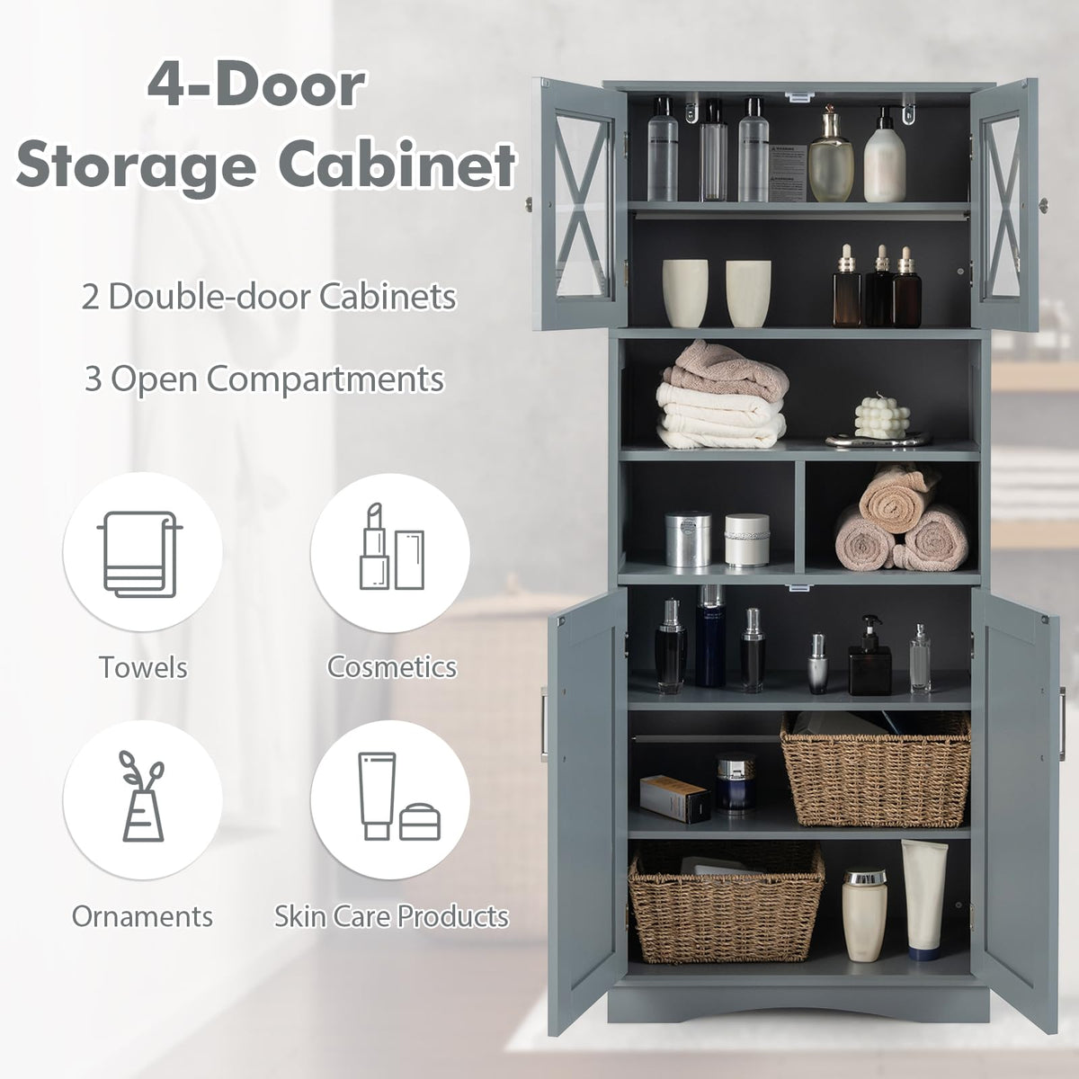 Tall Bathroom Cabinet Large Floor Storage Kitchen Cupboard Pantry Sideboard