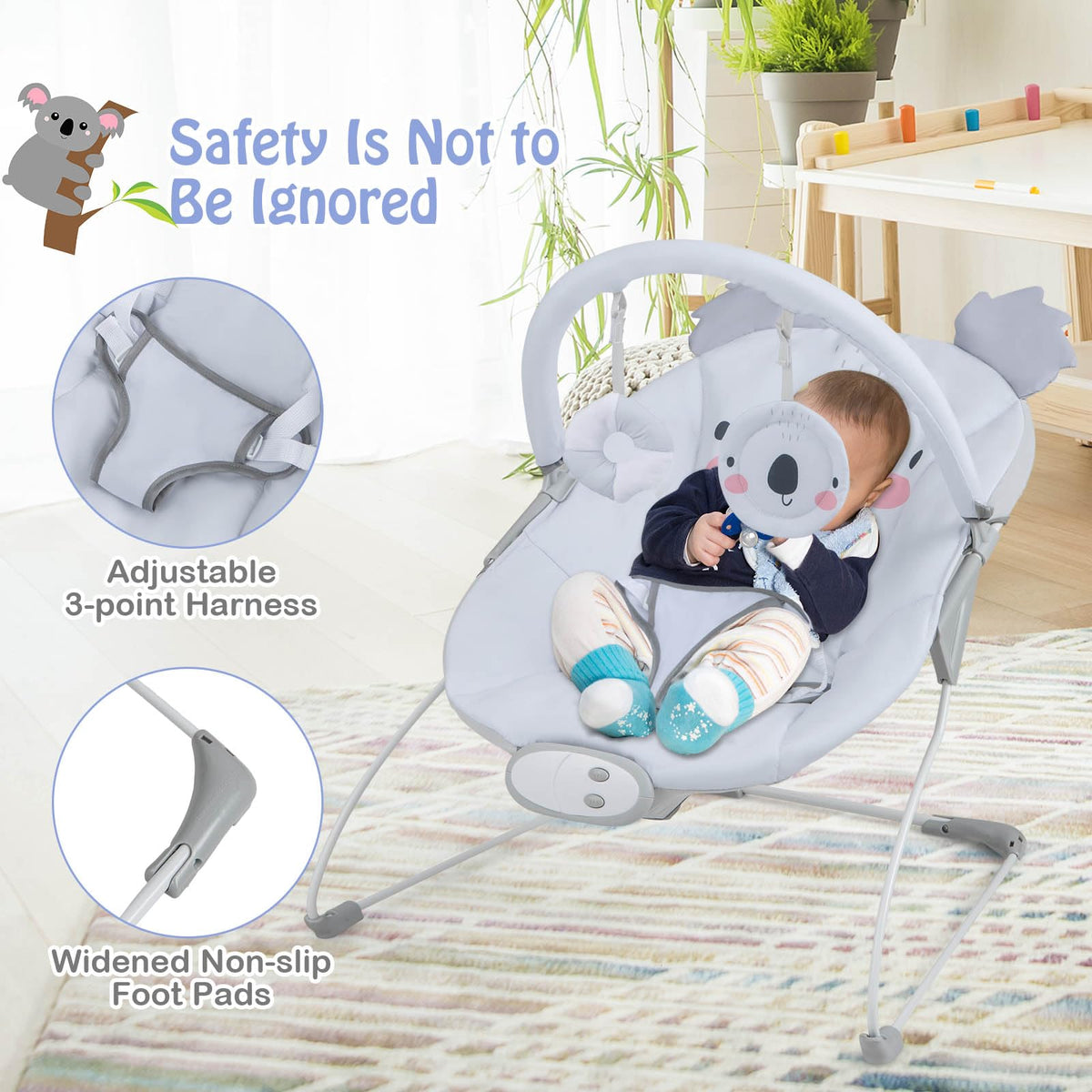 Portable Baby Bouncer, Infant Rocker Seat w/Detachable Toy Bar, Machine Washable Cover, Music & Vibration