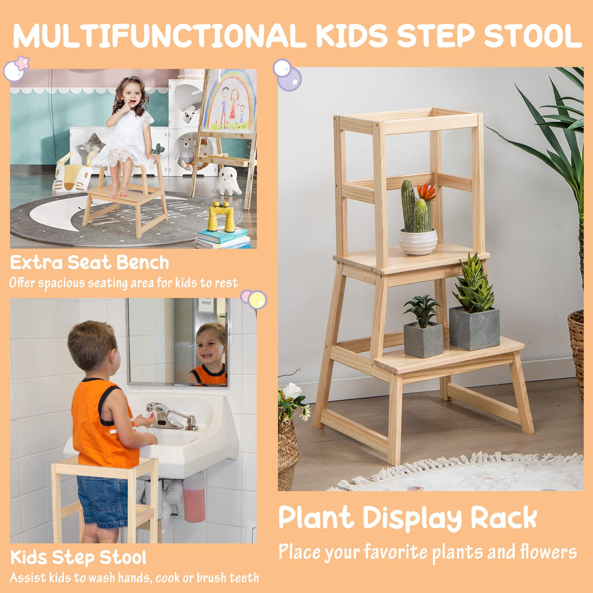 2-in-1 Wooden Kids Kitchen Step Stool with Safety Rails