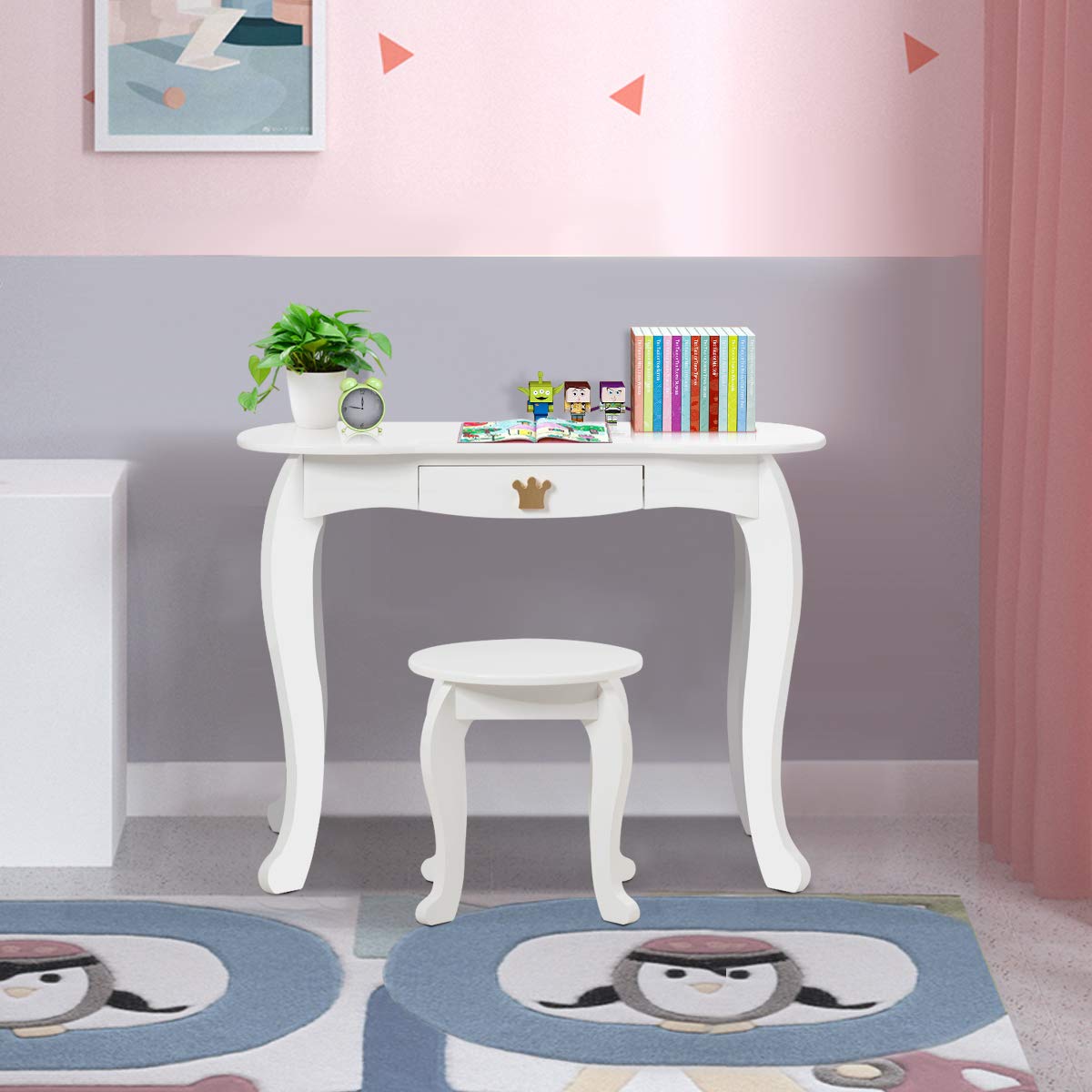 2-in-1 Kids Dressing Table & Stool Set, Toddler Wooden Vanity Table with Tri-Fold Mirror & Drawer