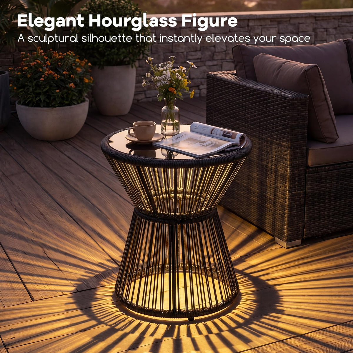 Outdoor Side Table with LED Warm Light, PE Rattan Hourglass-Shaped End Table with Tempered Glass Top