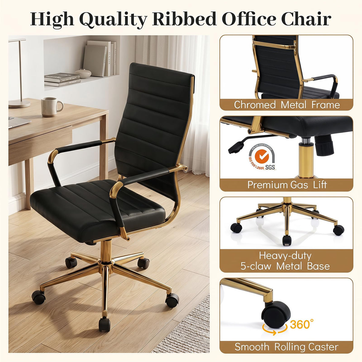 Ribbed PU Leather Office Chair with Armrests and Reclining Backrest