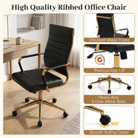 Ribbed PU Leather Office Chair with Armrests and Reclining Backrest