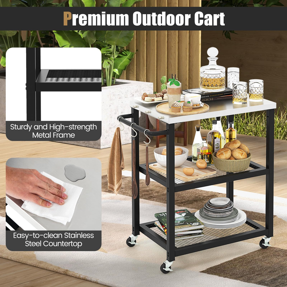 3-Tier Outdoor Grill Cart on Wheels, Pizza Oven Stand Trolley w/Stainless Steel Top & Handle