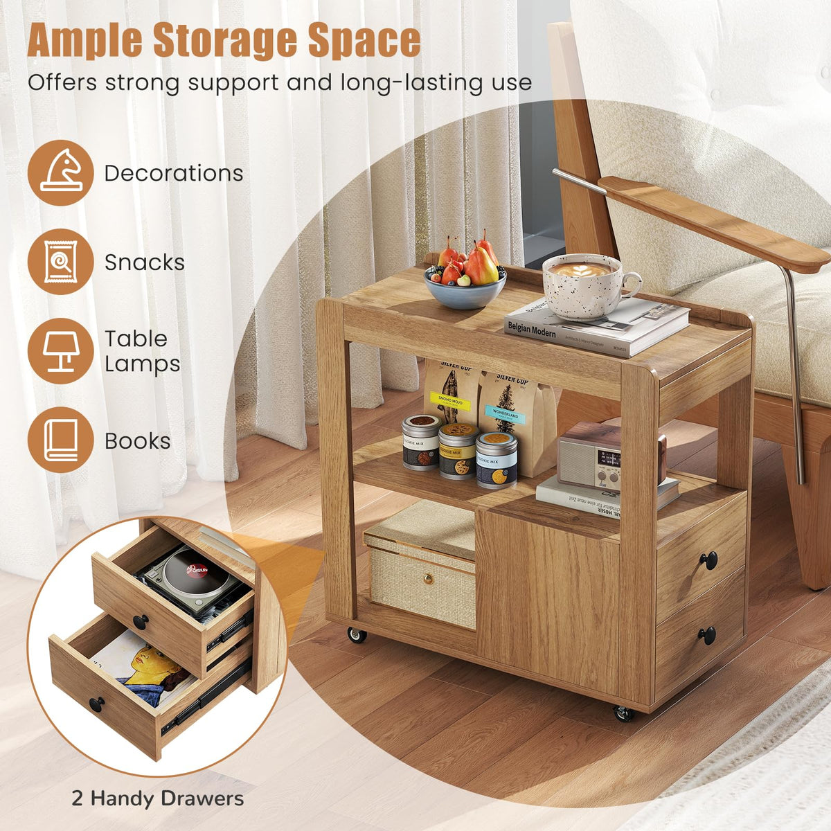 Narrow End Table, Modern 2-Drawer Sofa Side Table with Open Shelves