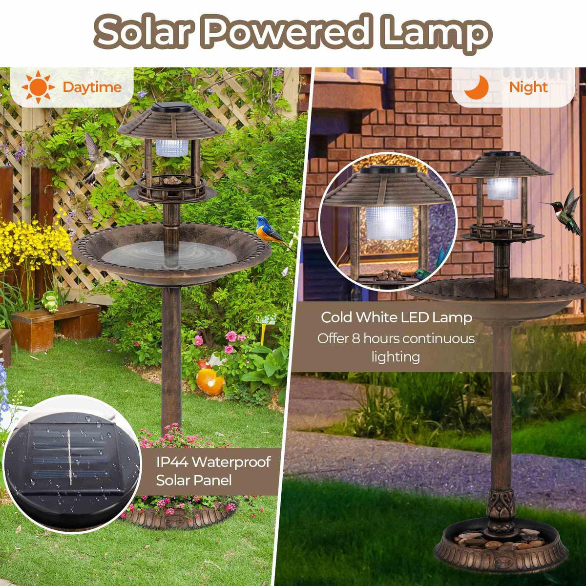 Outdoor Solar Lighted Bird Bath 3-in-1 Pedestal Bird Feeder Decor for Garden