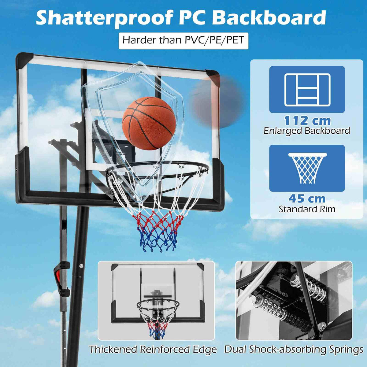 Portable Basketball Hoop, 1.5-3.05m Height Adjustable Basketball Goal System w/ 112 cm Shatterproof Backboard