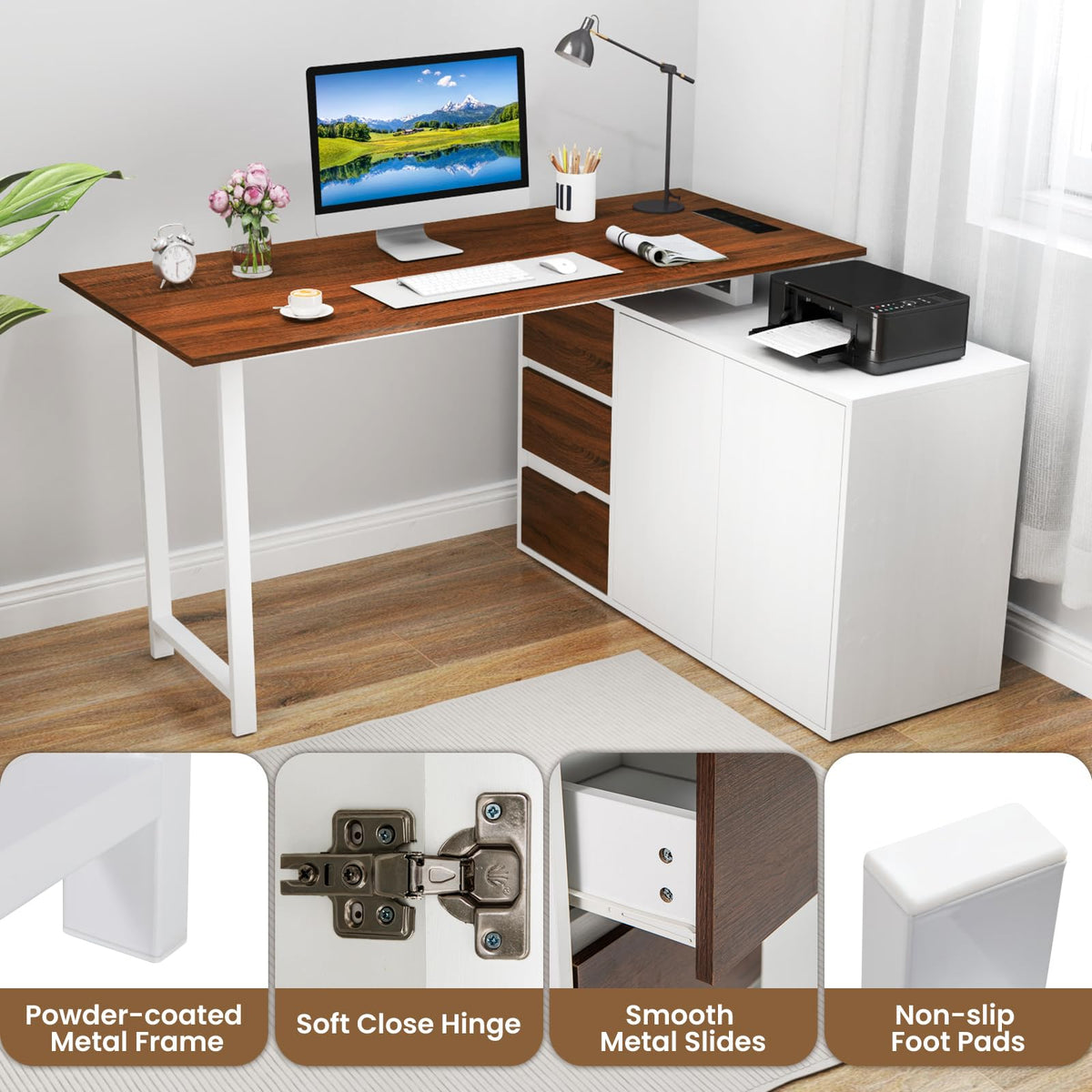 Giantex L-Shaped Desk with File Cabinet & Power Outlet, 138 cm Reversible Corner Computer Desk with 3 Drawers