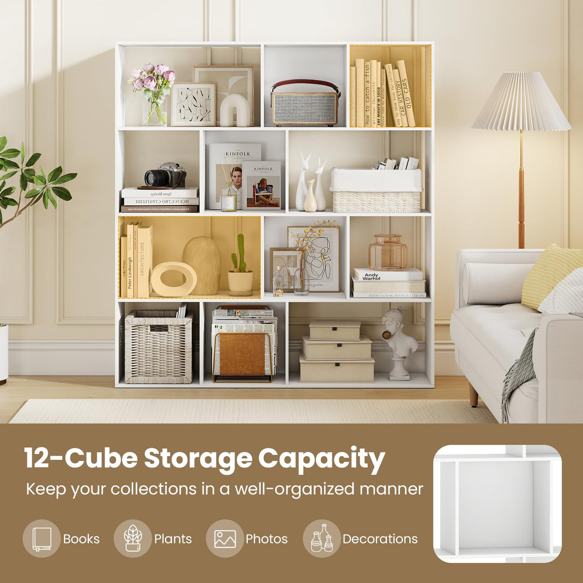 4-Tier Open Shelf Bookcase with 12 Storage Compartments