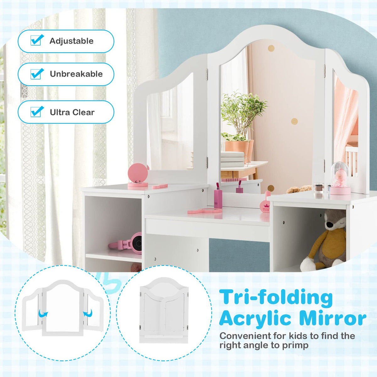 2 In 1 Kids Vanity Table and Chair Set with Removable Tri-fold Mirror for Girls Aged 3+
