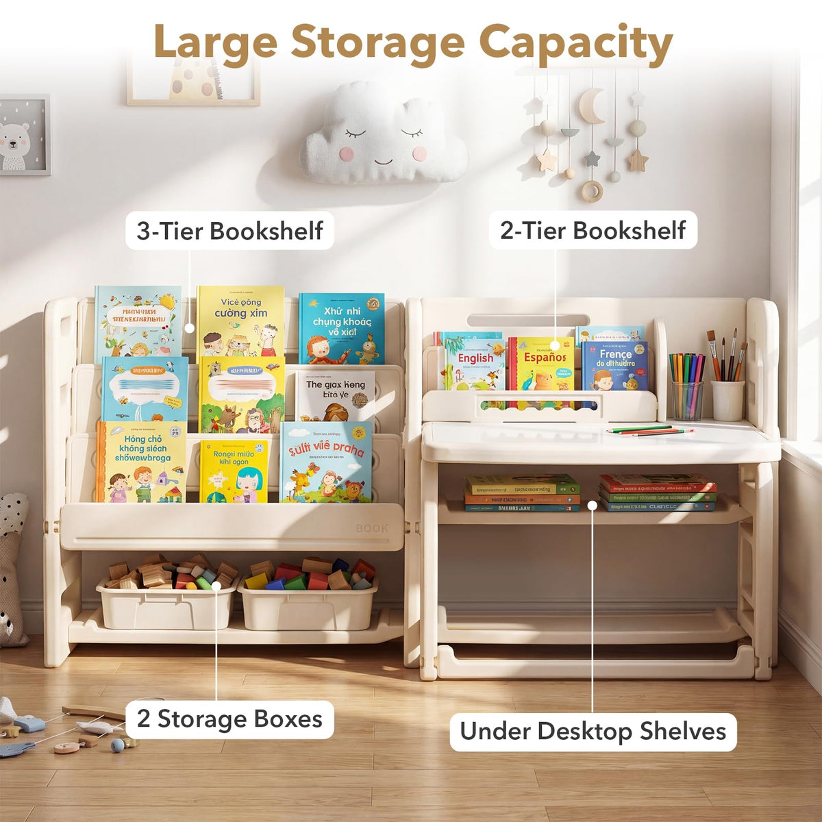 Kids Desk and Chair Set, Children Writing Desk with Side Bookshelves & Storage Baskets