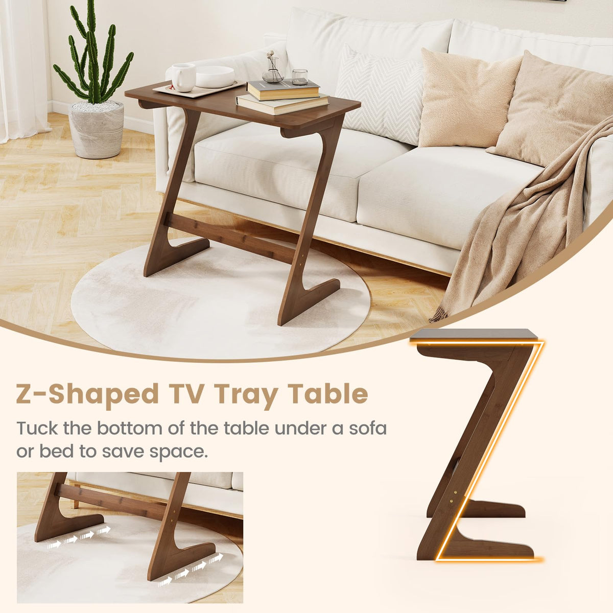 Giantex Bamboo Sofa Side Table, Z-Shaped End Table W/Spacious Tabletop