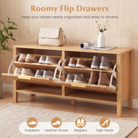 100CM Shoe Storage Bench, Narrow Wooden Entryway Bench with 2 Flip Drawers