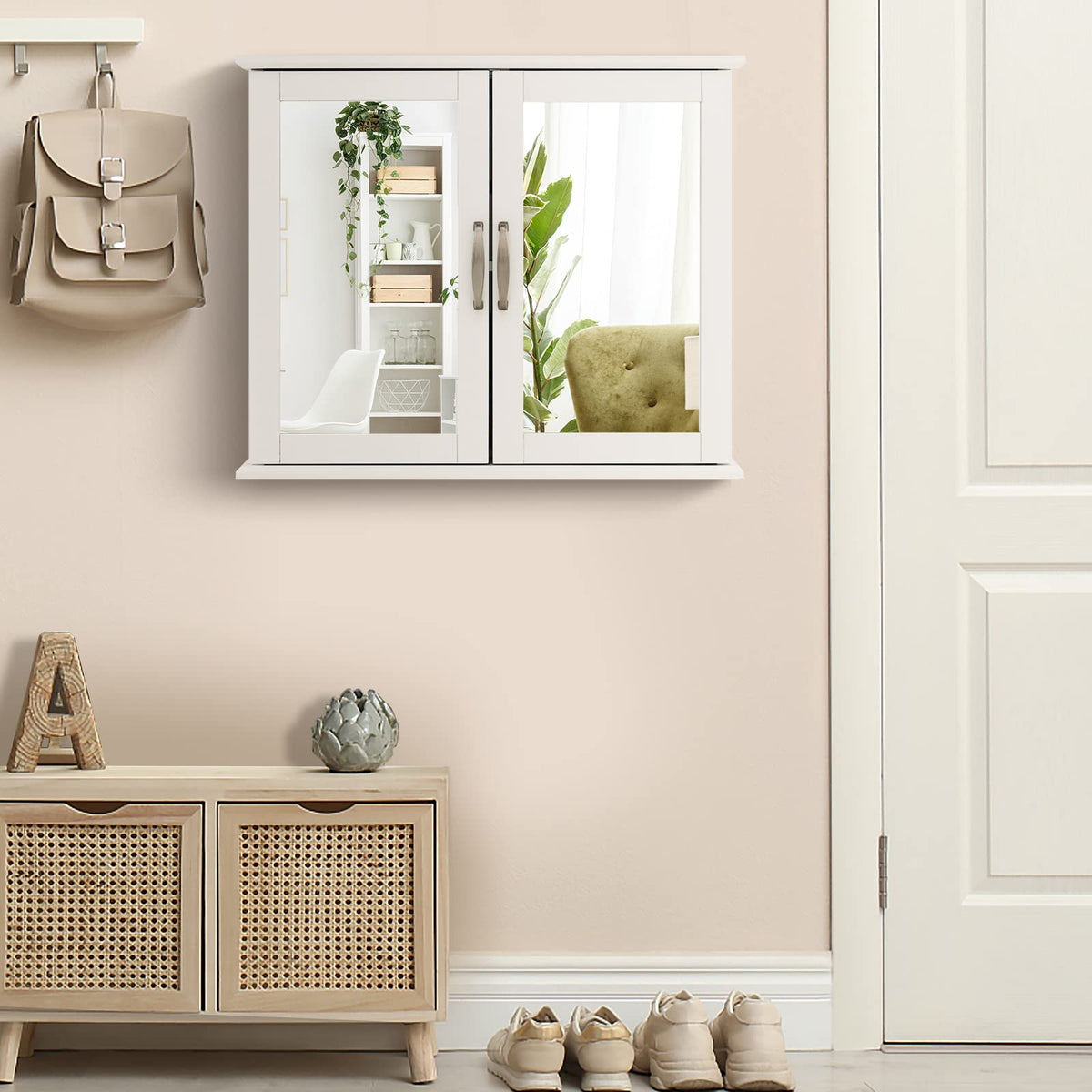 Mirrored Bathroom Wall Cabinet with Double Mirrored Doors and Two Shelves