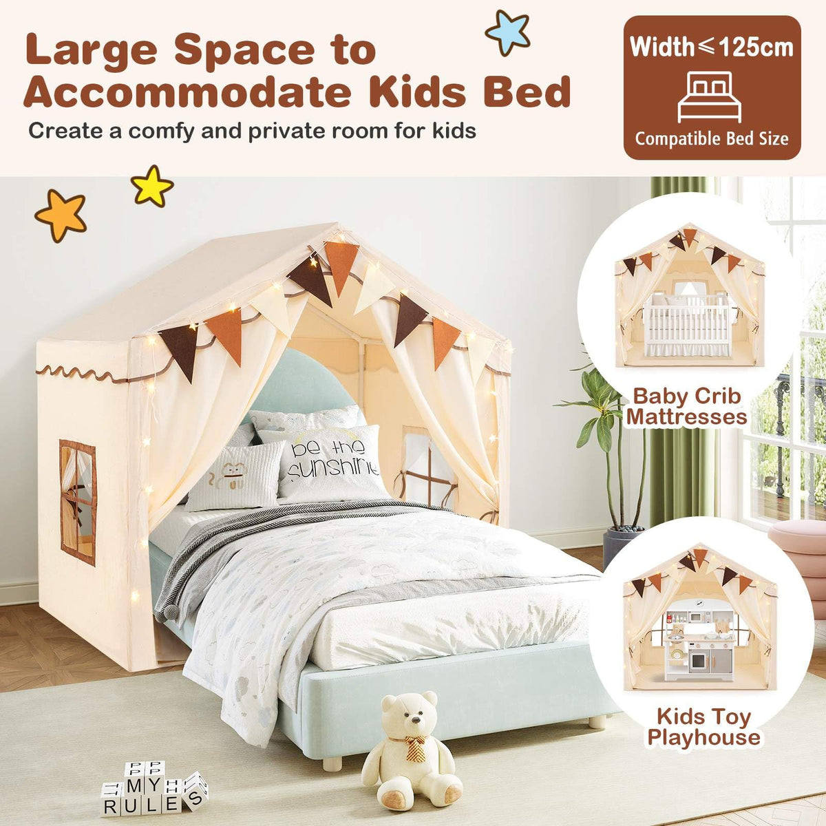 3-4 Kids Large Play Tent House with 2 Opening Doors Star Lights