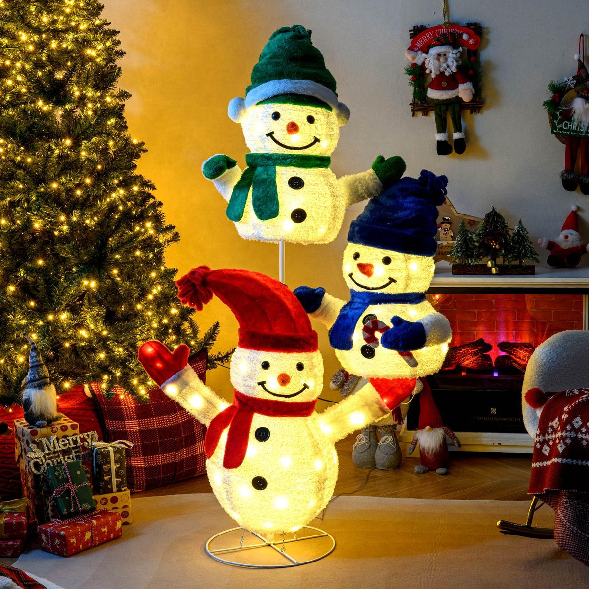 150cm Stacked Snowman Lighted Christmas Decoration, 3D Light-up Snowman with 110 LED Lights