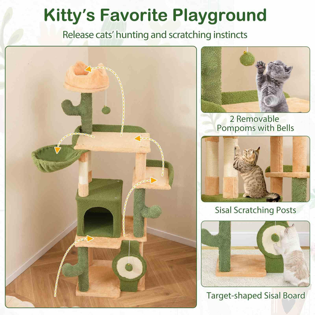 160cm Cactus Cat Tree for Indoor Cats Modern Multi-level Cat Tower w/Sisal Posts