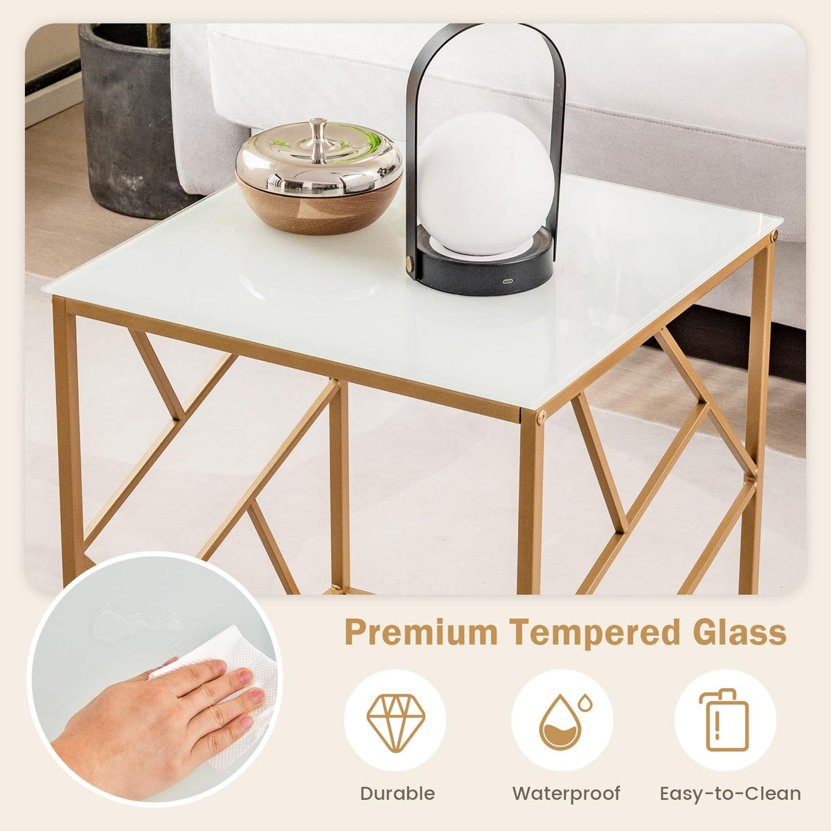 Giantex Square End Table, Modern Side Table with Tempered Glass Tabletop & Gold Finish Geometric Frame