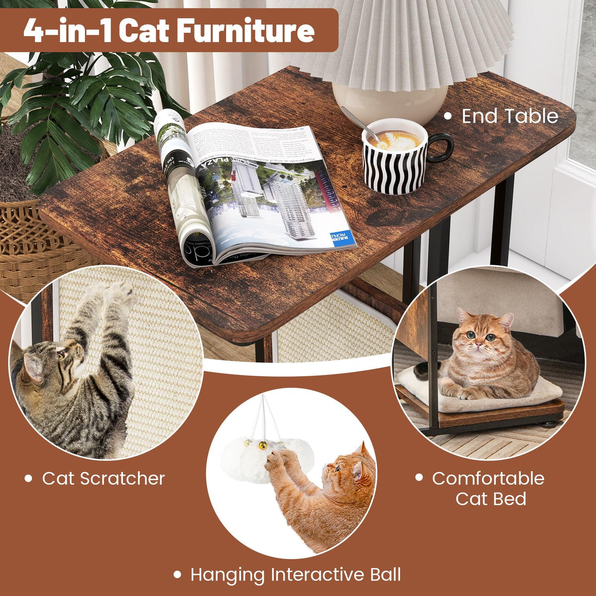 Cat Tree & End Table, C-Shaped Cat Side Table w/Scratching Board