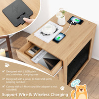 Furniture Style Dog Crate with Wired & Wireless Charging, Decorative Dog Kennel End Table w/Drawer, Removable Dog Bed