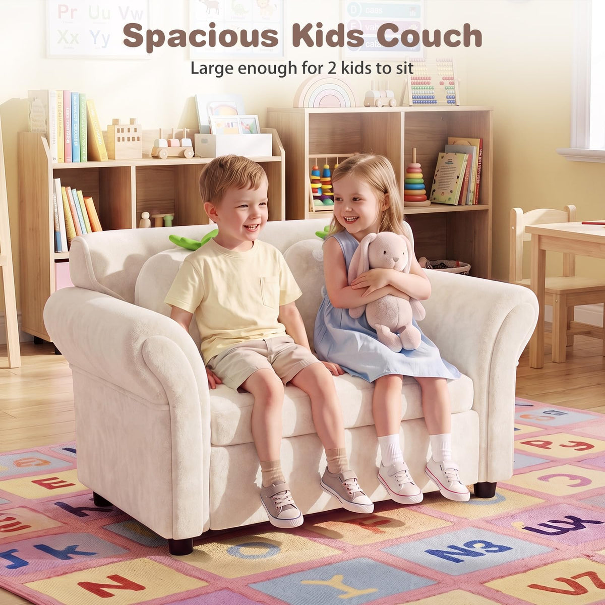 Kids' Couch with 2 Strawberry Throw Pillows with Flannel Upholstery and Solid Wooden Frame