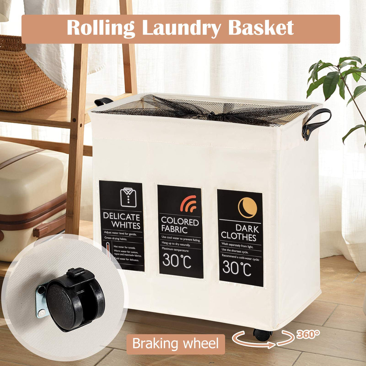 3 Section Laundry Basket, 120L Laundry Cart with Card Pockets, Laundry Sorter Hamper w/ 4 Lockable Wheels & Handles (Beige)