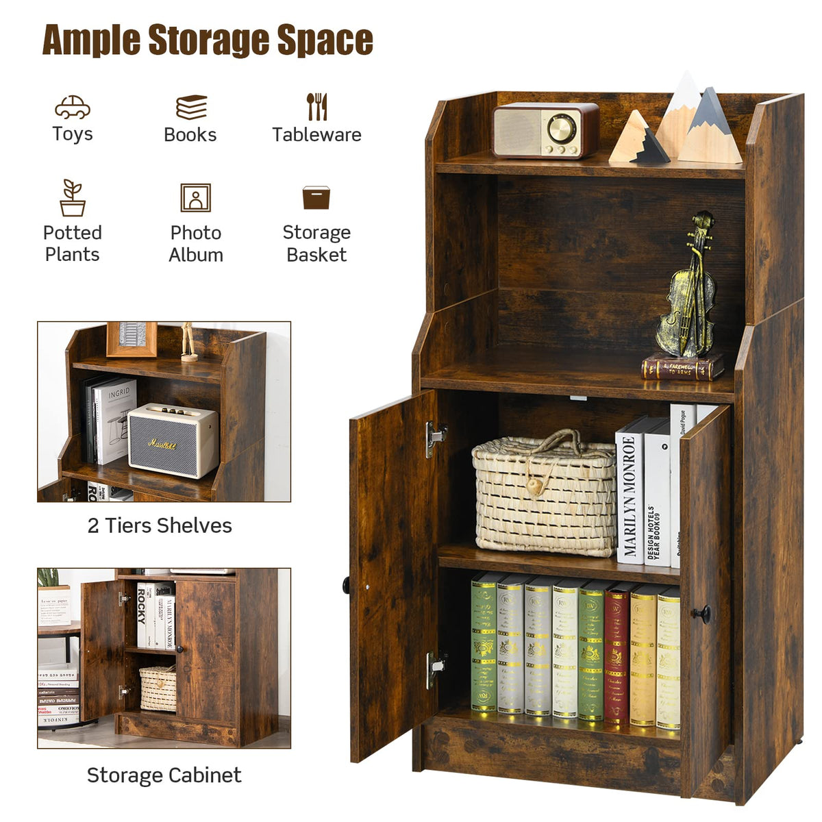 Giantex 2-Tier Bookshelf with 2 Doors, Freestanding Bookcase with Adjustable Shelf & Open Compartment