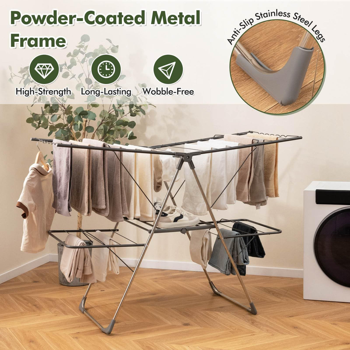 2-Tier Foldable Clothes Drying Rack Clothing Laundry Rack Airer Dryer Stand