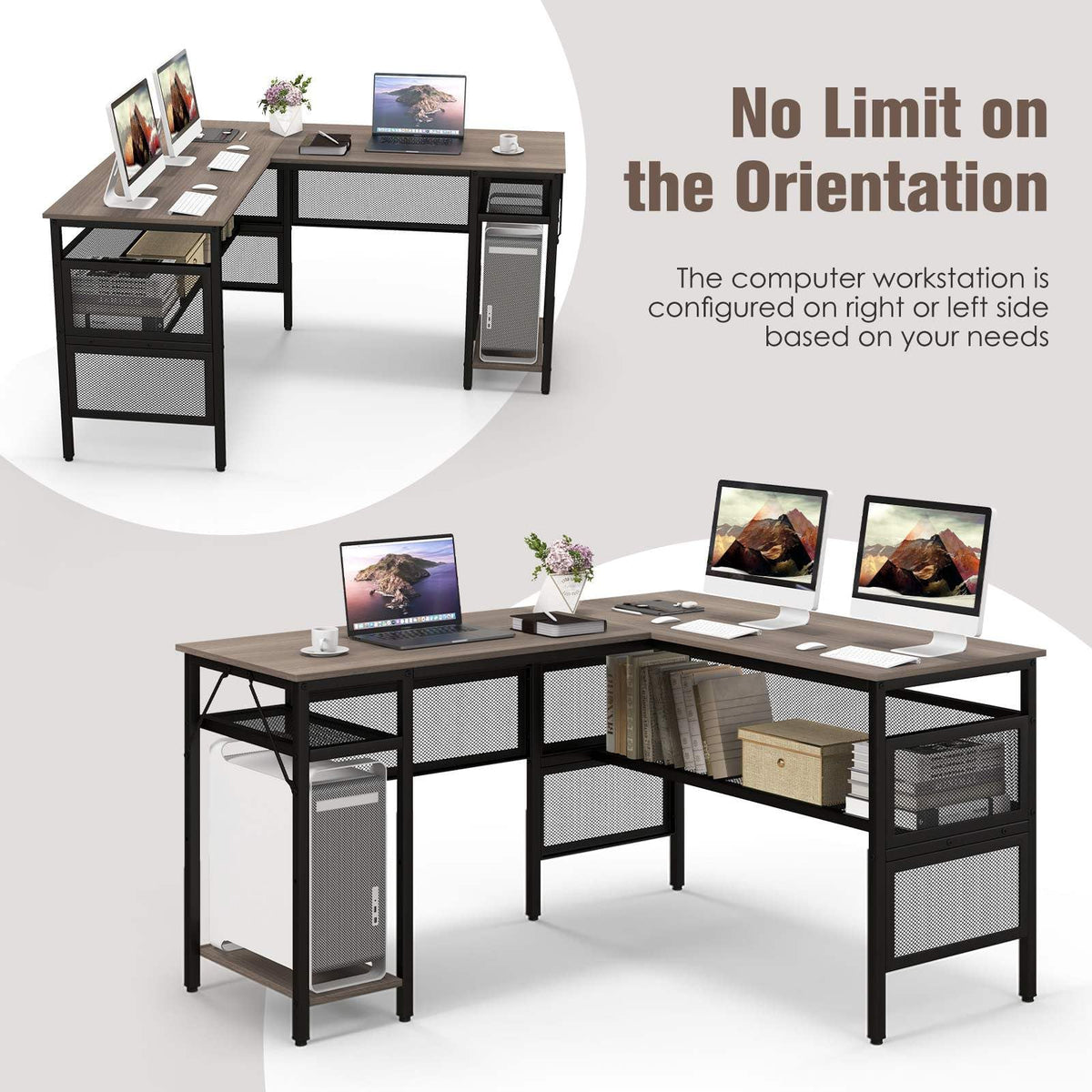 Reversible L-Shaped Computer Desk with Adjustable Shelf and CPU Stand