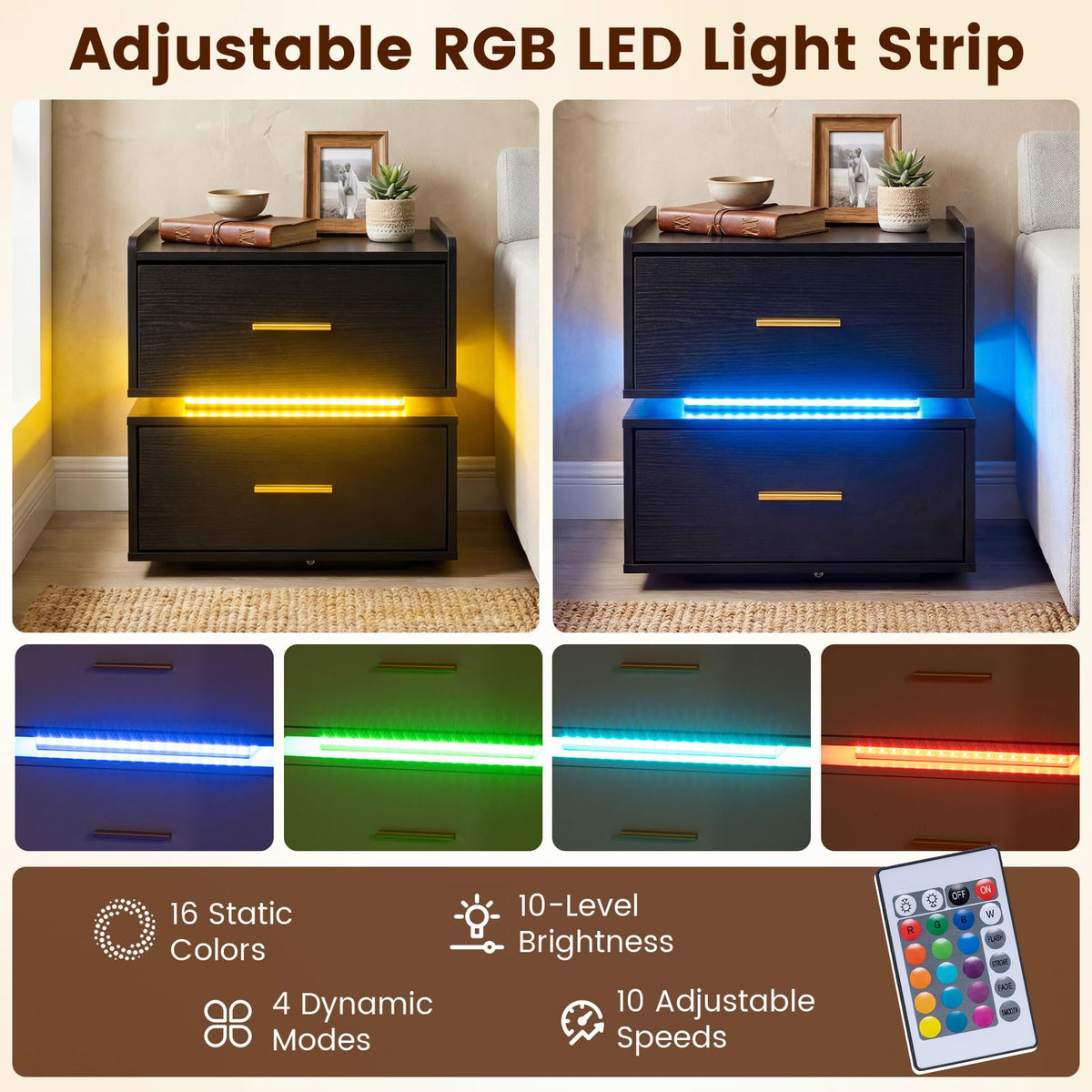 Nightstand with Charging Station, LED Bedside Table with 2 Storage Drawers