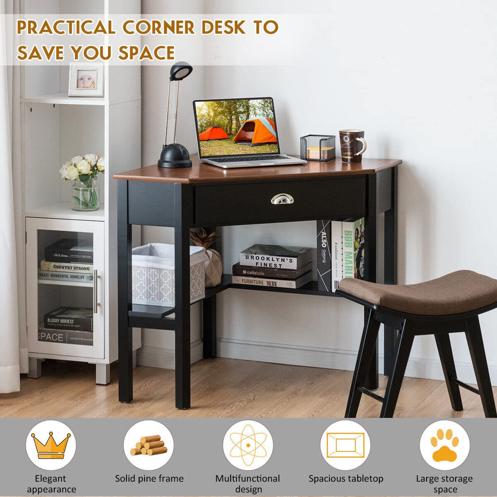 Giantex Computer Table Giantex Wood Corner Computer Desk, Compact Writing Table w/Drawer & Sh ...