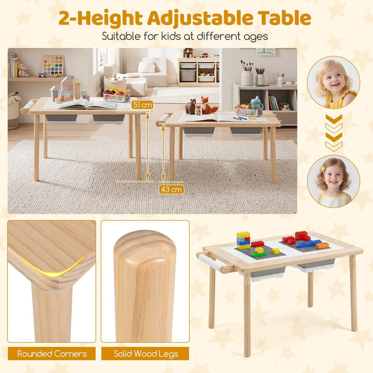 Kids Sensory Table and Chair Set with Adjustable Height 2 Bins for Water Sand Play