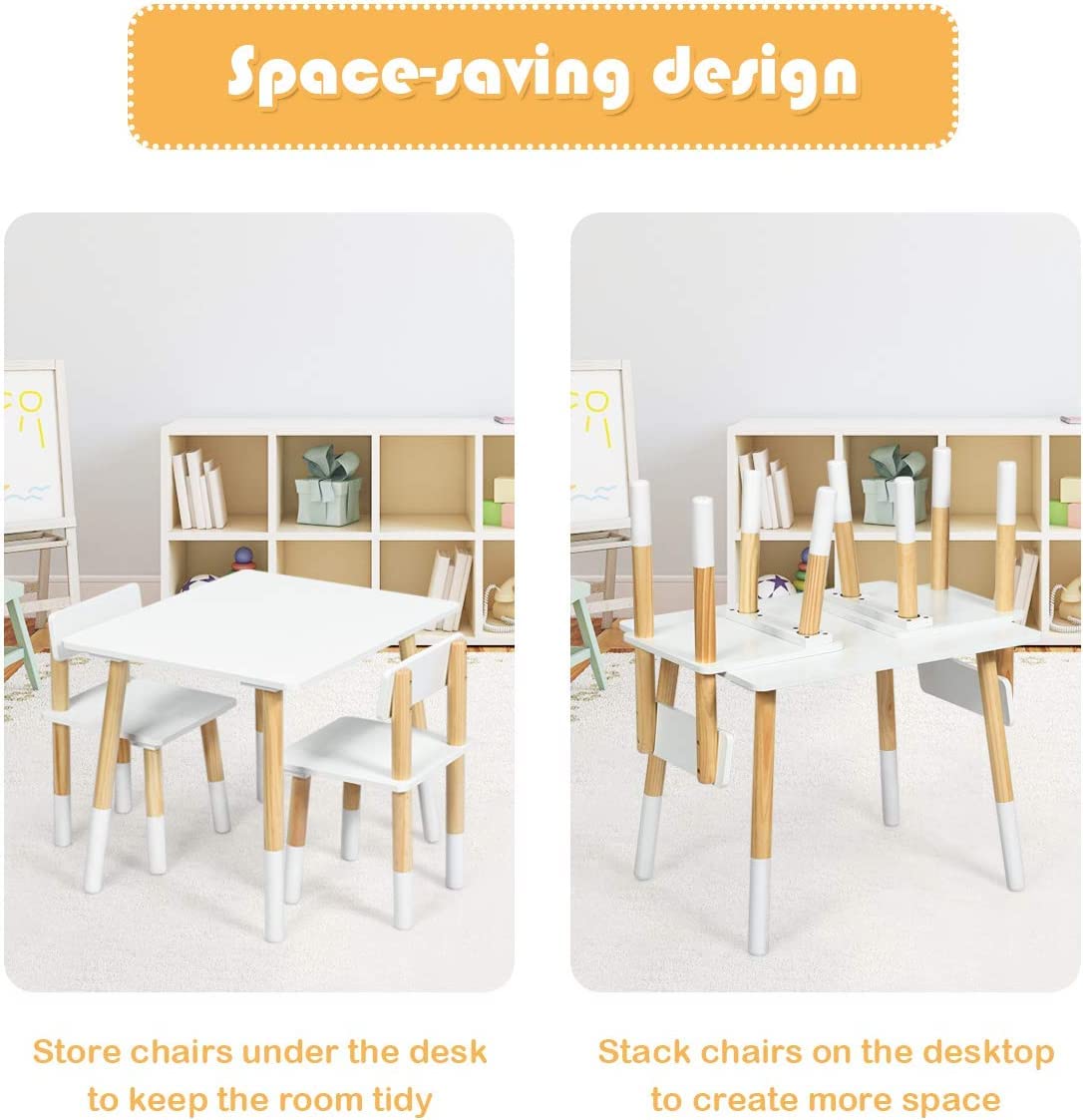 Kids Table and 2 Chairs Set with Pine Wood Legs for Playing & Learning & Eating