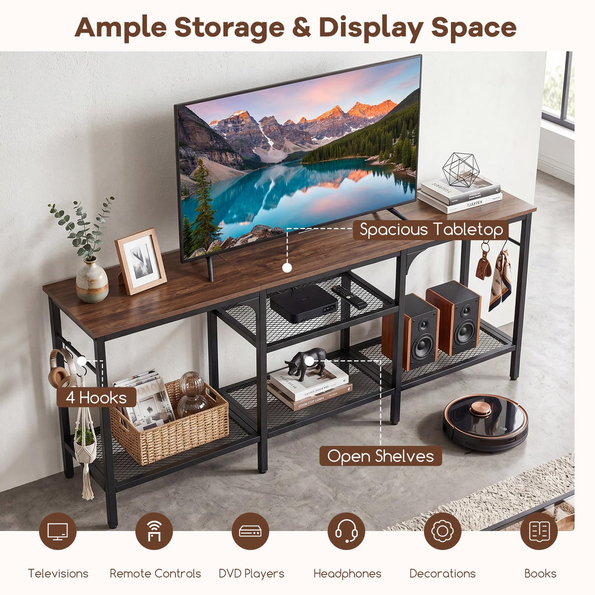 TV Stand Entertainment Center with 4 Open Storage Shelves