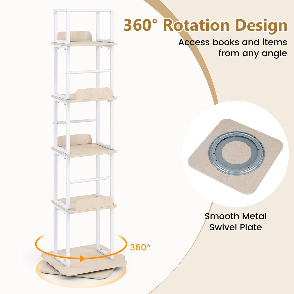 5-Tier Rotating Bookshelf Tower with 360° Spinning Design