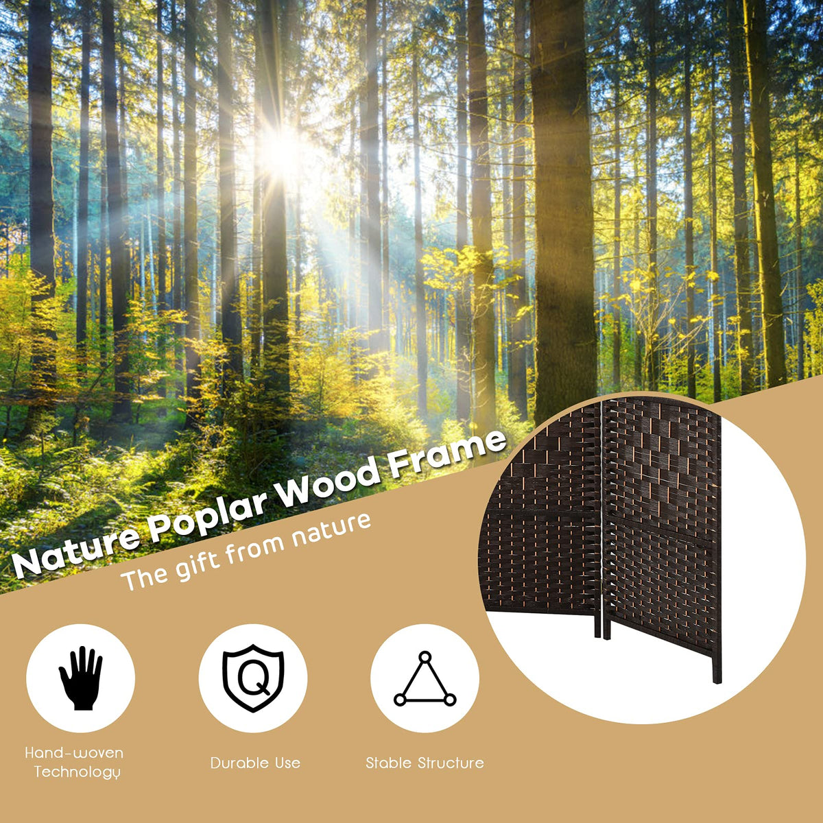 6-Panel Screen Room Divider, 6Ft Folding Privacy Screen w/Hand-woven Rattan