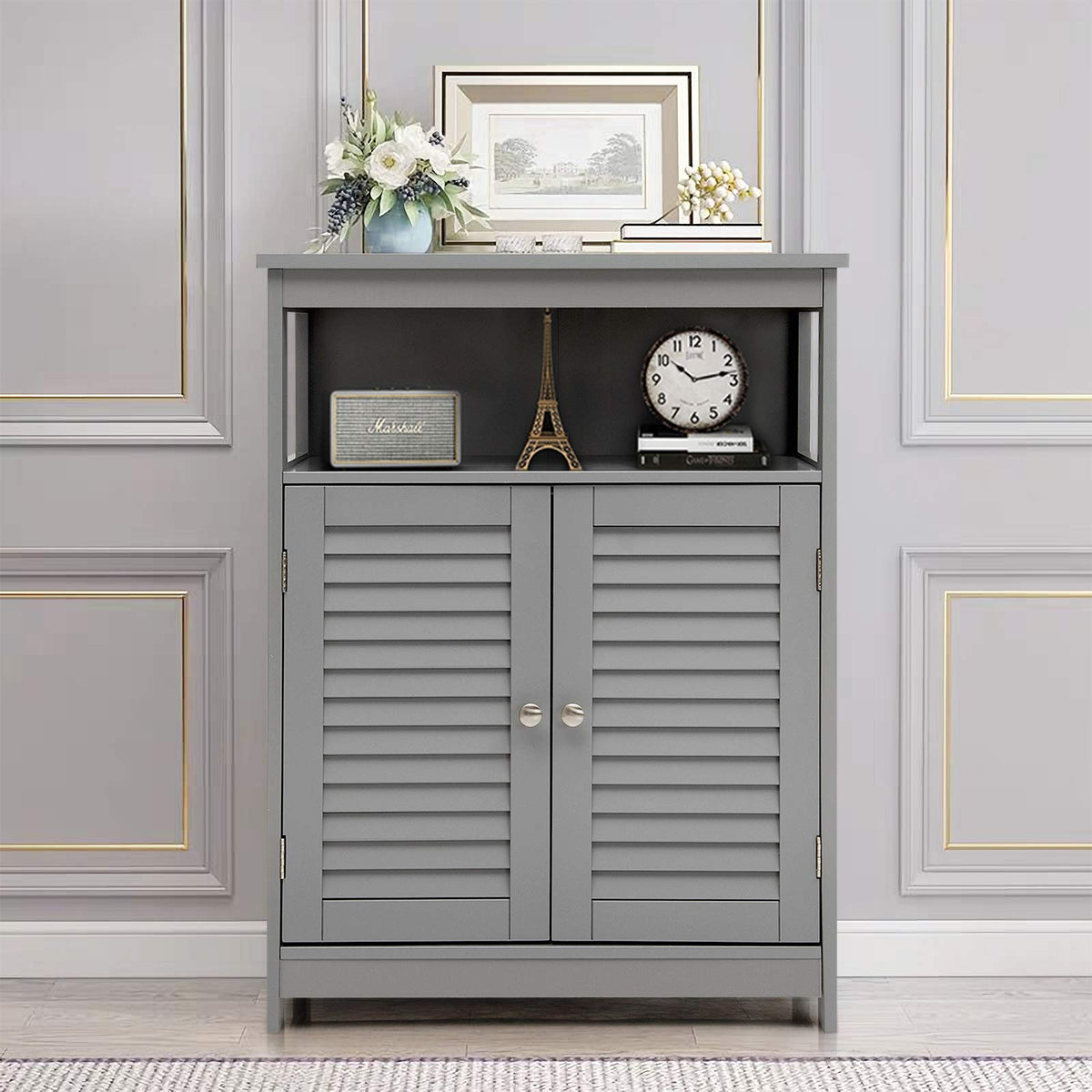 Bathroom Floor Cabinet, Wooden Storage Cabinet with Double Shutter Door & Adjustable Shelf