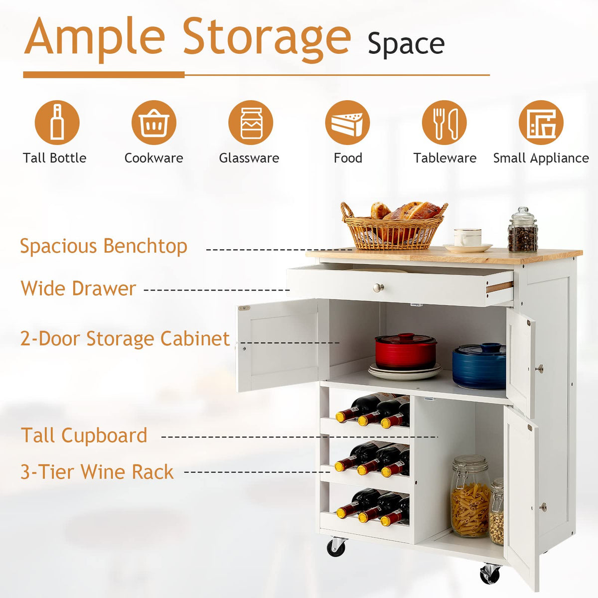 Giantex Kitchen Island Trolley, Rolling Cart with Ample Tabletop, 3 Doors Mobility Storage Cabinet