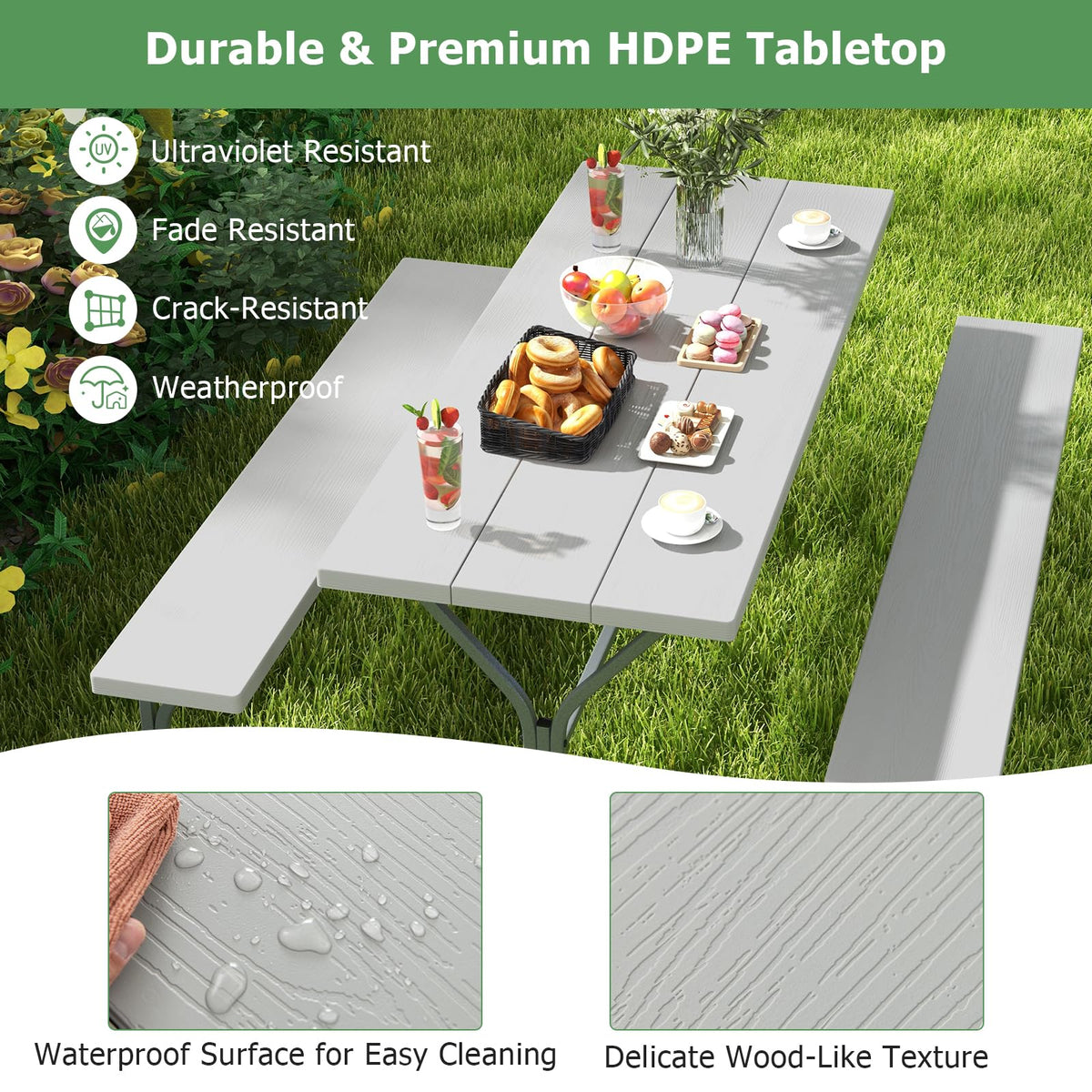 Outdoor Picnic Table Bench Set with HDPE Tabletop and Umbrella Hole