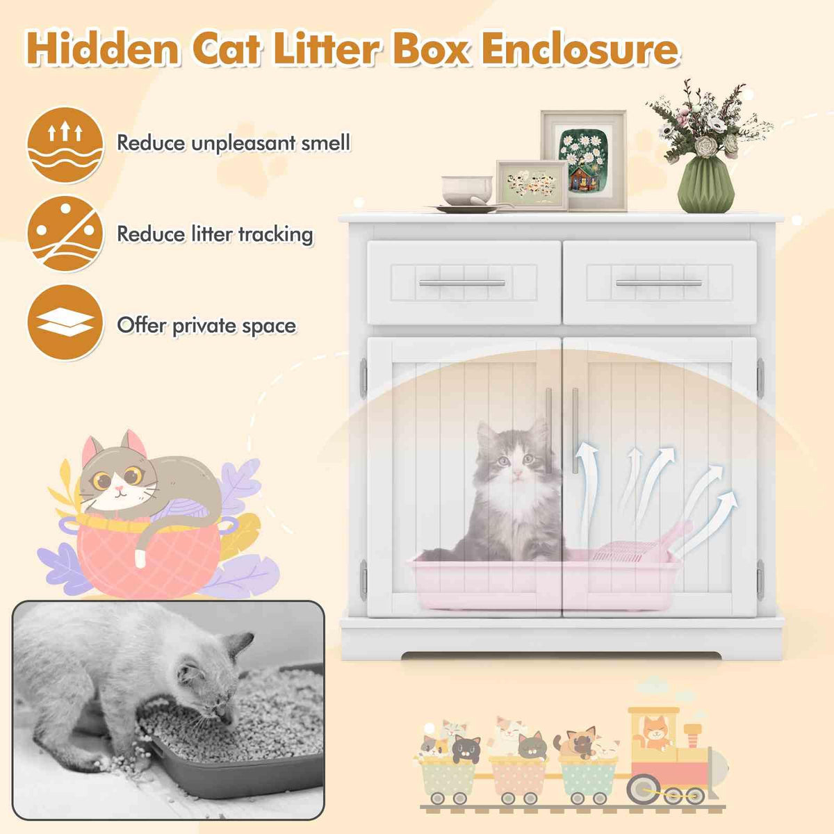 Cat Litter Box Enclosure, Hidden Cat Washroom Side Cabinet Wooden Pet House w/ 2 Drawers