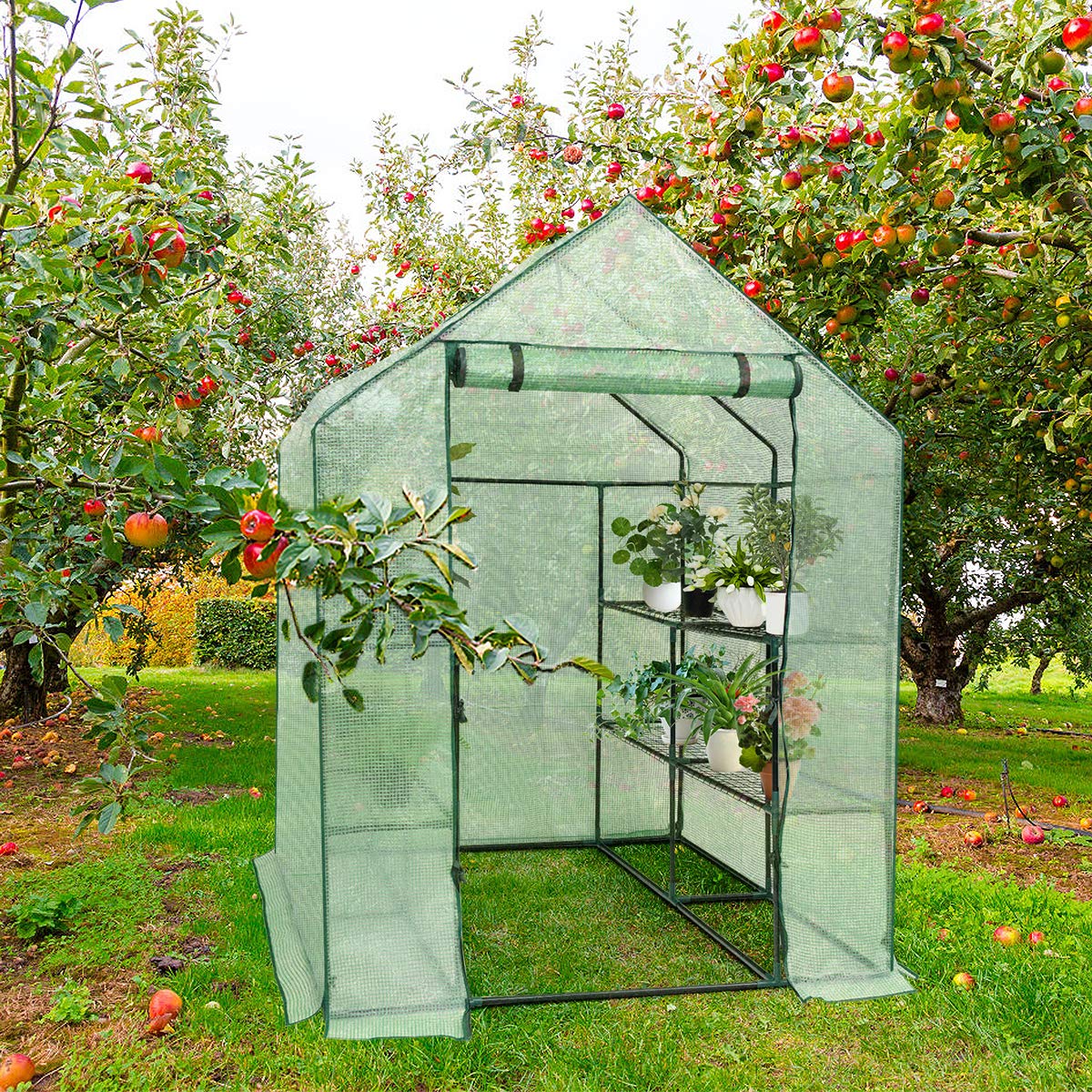 3 Tiers Outdoor Walk in Greenhouse, 12 Shelves Movable Green House Tunnel