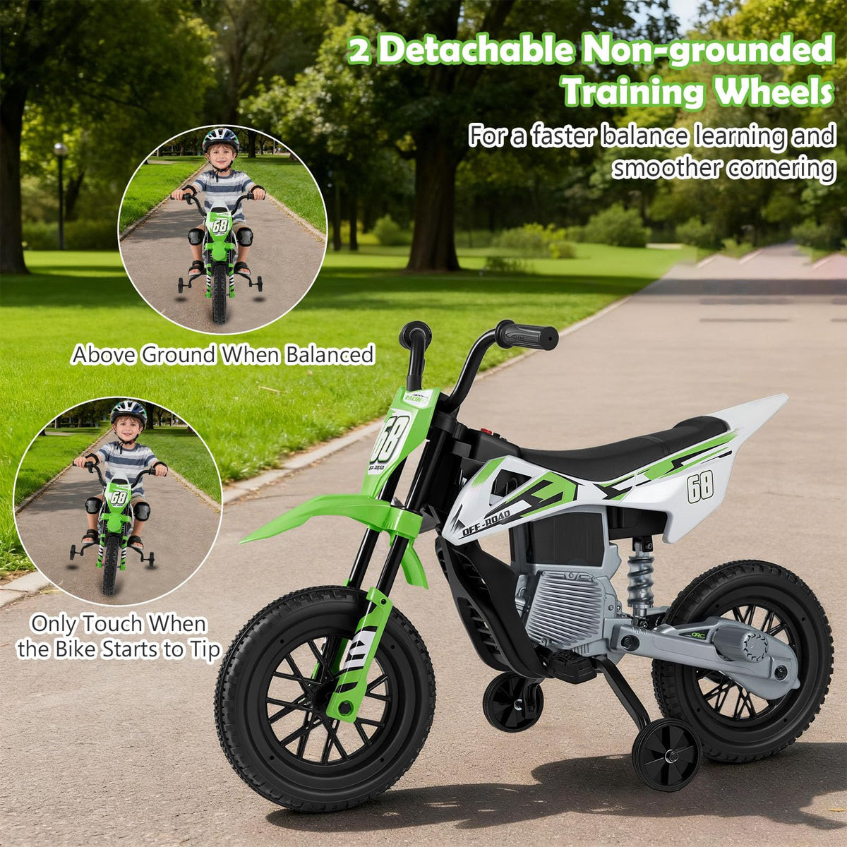 12V Kids Motorcycle with Training Wheels and Spring Suspension