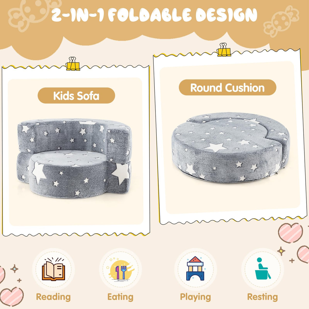 Convertible Children Sofa Kids Couch Chair with Removable and Machine-washable Cover