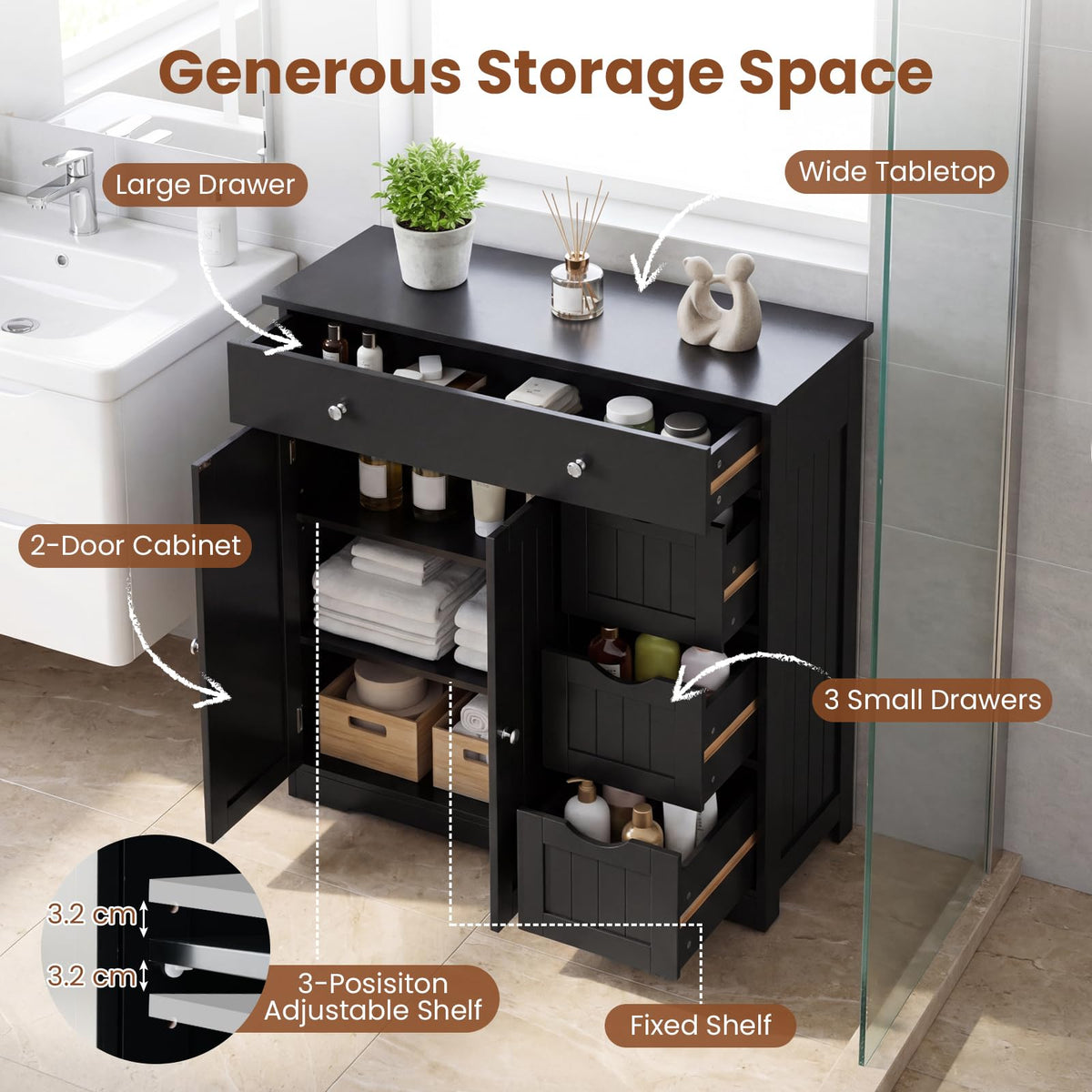 Giantex Bathroom Floor Cabinet, Large Storage Cabinet with 4 Drawers