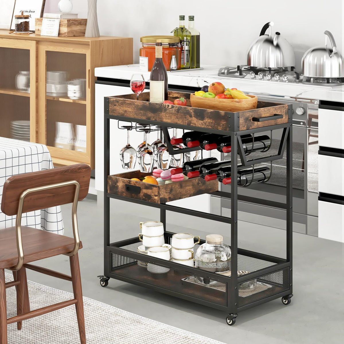 Giantex Rolling Bar Cart, 3-Tier Industrial Buffet Serving Cart with Wine Rack