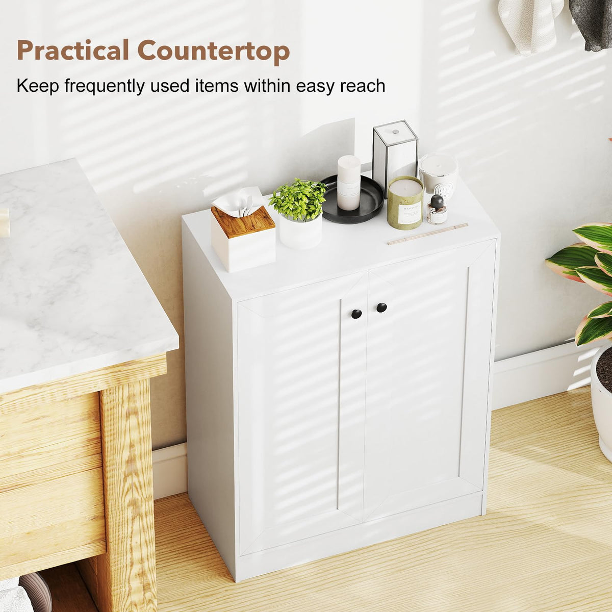 Bathroom Floor Storage Cabinet with Doors and Adjustable Shelves