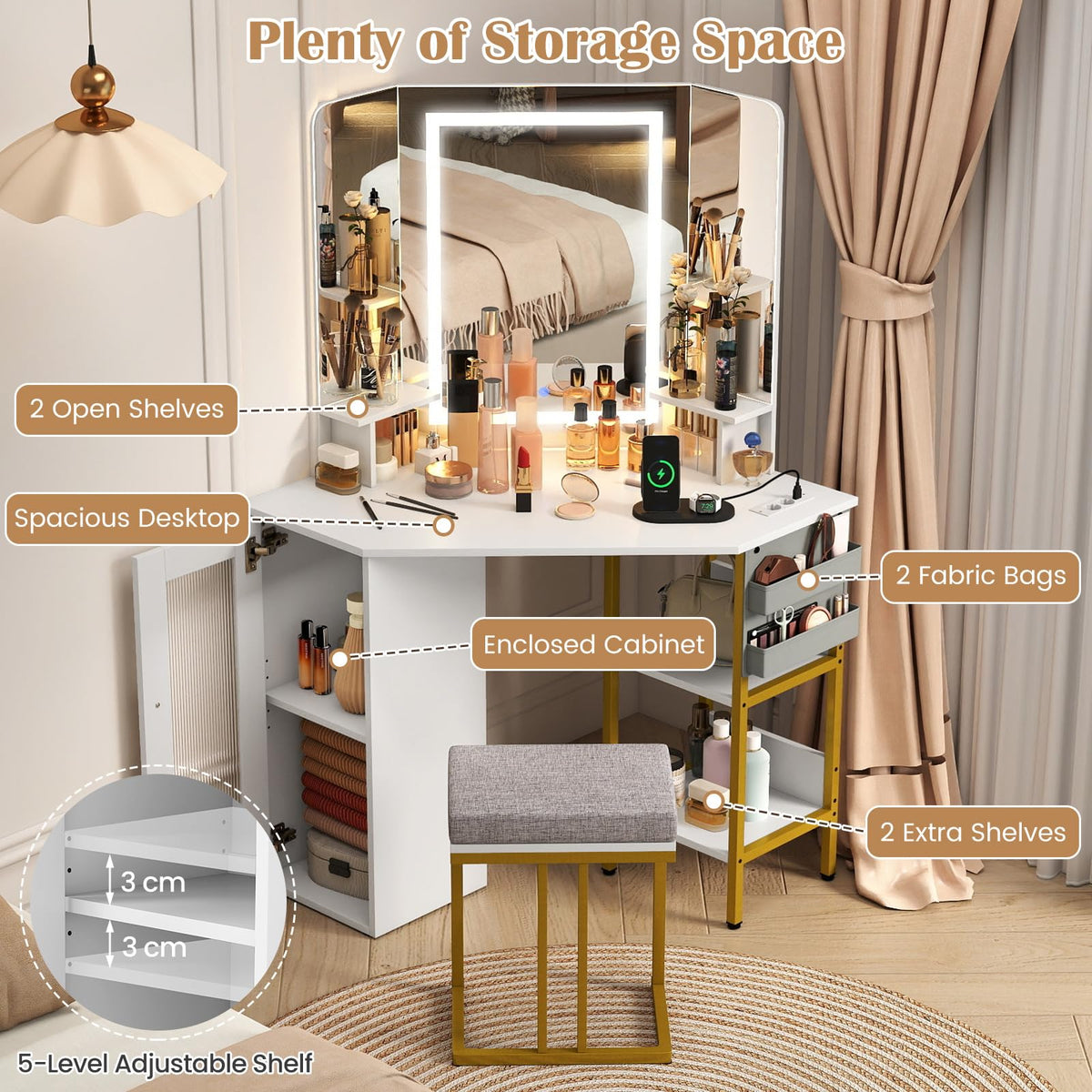 Makeup Vanity Desk with Mirror and Lights Corner Dressing Table