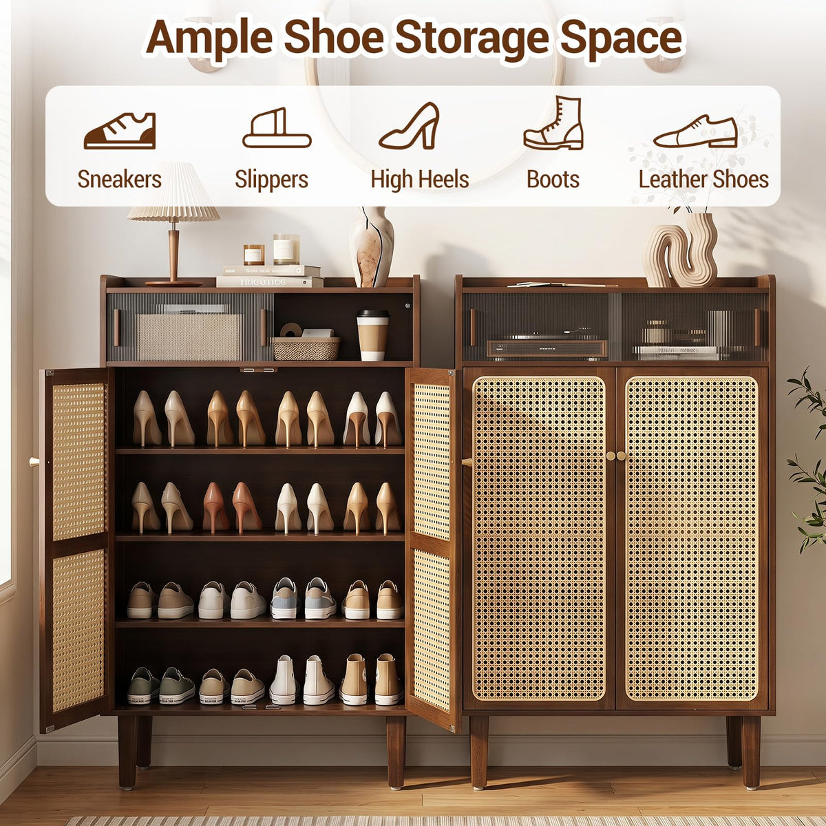 Bamboo Shoe Cabinet with Woven Rattan Doors for Entryway