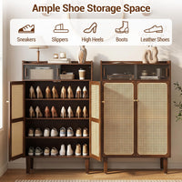 Bamboo Shoe Cabinet with Woven Rattan Doors for Entryway