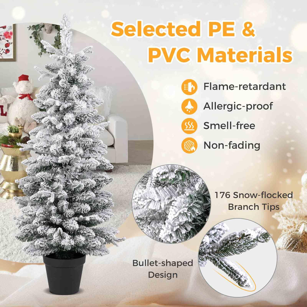 120CM Artificial Christmas Tree Potted with 176 Branch Tips PE and 8 Lighting Modes